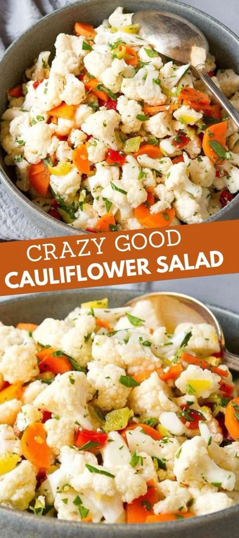 Cauliflower salad with chopped pepperoncini and roasted peppers in a dark gray bowl. Cauliflower Pepper Salad, Keto Salad Vegetarian, Raw Side Dishes, Tricolor Cauliflower Recipes, Cauliflower Recipes Salads, Coliflower Salad Recipes Raw, Califlower Recipes Raw, Raw Veggie Sides, Cold Cauliflower Recipes