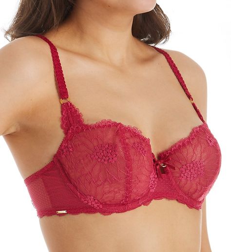 A prelude to romance? Possibly. This ravishing demi bra is sure to elicit overtures of passion. Features dual lace patterns, goldtone metal embellishments, ruched ribbon straps and keyhole cut-out. Made of polyamide and elastane. Multi-part, low-cut underwire cups provide natural shape and support. Cups have vertical seaming for shape and are partially sheer, lined with mesh for support. Sewn-on elastic at top cup edges, sides and back enables a more custom fit. Center panel - arched for high tu Chantelle Bras, Metal Embellishments, Lingerie Brands, French Lingerie, Demi Bra, Lace Patterns, Lace Back, Cup Size, Low Cut