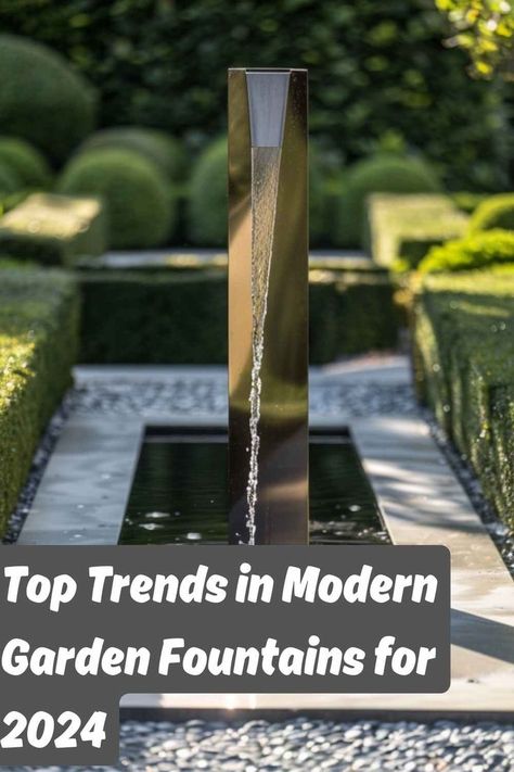 Modern garden fountain with sleek design, showcasing top trends in garden fountains for 2024. Backyard Fountains Landscaping, Modern Water Fountain, Garden Fountain Ideas, Front Yard Fountain, Contemporary Water Feature, Yard Fountain, Modern Outdoor Fountains, Landscaping With Fountains, Solar Powered Fountain