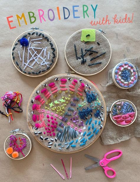 Family friendly and fuzzy embroidery with kids using a burlap, a hoop, and yarn. Preschool Sculpture Projects, Process Art Ideas For Adults, Ahg Crafts, 4h Ideas, Diy With Kids, Embroidery Hoop Crafts, Creation Station, Embroidered Art, Art Camp