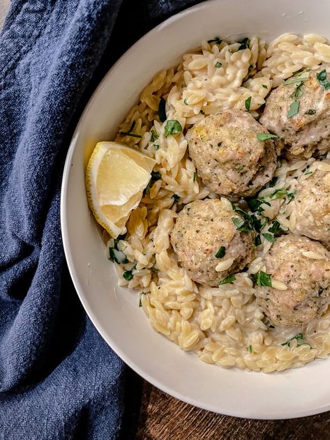 Pesto Chicken Meatballs with Orzo — thunderduck farm Chicken Pesto Meatballs With Creamy Orzo, Chicken Meatballs With Orzo, Simple Meatballs, Pesto Meatballs, Creamy Orzo, Chicken Pesto, Meatballs Easy, Lemon Salt, Chicken Meatballs