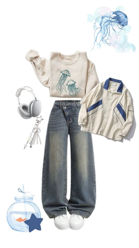 a sea inspired outfit Beach Cleanup Outfit, Ocean Themed Clothes Aesthetic, Ocean Theme Outfit Women, Ocean Academia Aesthetic Outfit, Ocean Clothing Aesthetic, Marine Biologist Aesthetic Outfits, Ocean Outfit Ideas, Marine Biology Aesthetic Outfit, Ocean Style Outfit