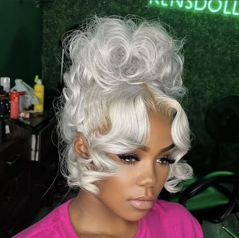 Platinum Blonde Hair Updo, Silver Lace Front Wig Updo, Grey Wig Updo, Silver Updo Black Women, Platinum Blonde Updo, Grey Updo Hairstyles For Black Women, Silver Hair Updo, Messy Updo Black Women, Silver Ponytail