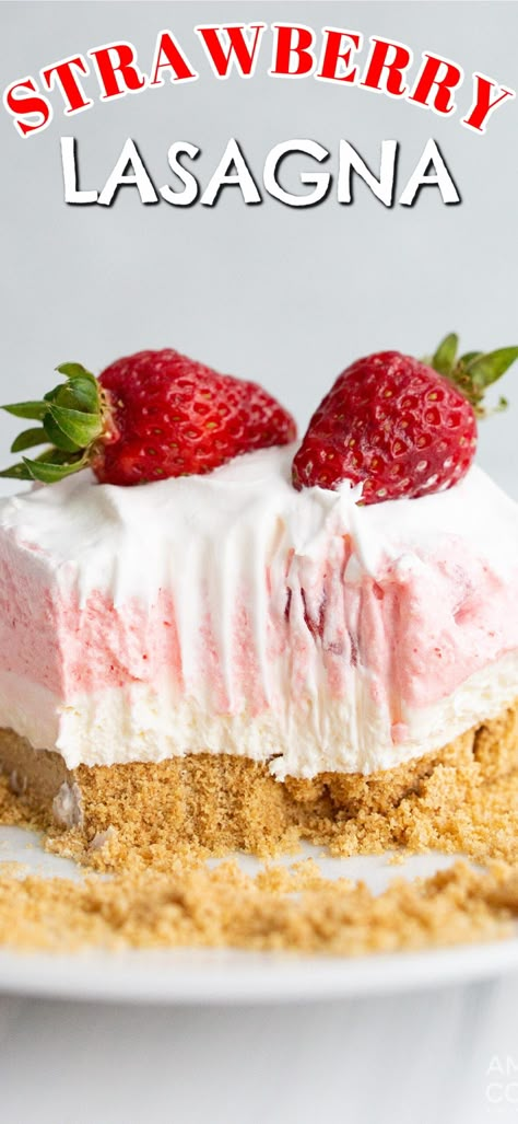 This strawberry lasagna has 3 layers of smooth cheesecake, strawberry jello, and cool whip with the addition of chopped fresh strawberries. It's creamy, dreamy, and bursting with strawberry bliss. This easy no-bake summer dessert is great for spring and summer! One Pan Desserts, Jello And Cool Whip, Strawberry Lasagna, Bread Breakfast Ideas, Smooth Cheesecake, Strawberry Bliss, Dessert Lasagna, Ice Box Cakes, Pan Desserts