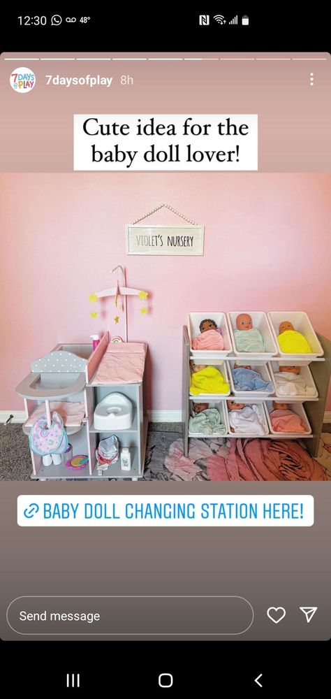 Doll Playroom Setup, Doll Playroom, Toy Corner Ideas, Playroom Barbie Area, Babydoll Nursery Playroom, Girls Toy Room Ideas, Doll Nursery Playroom, Doll Set Up In Playroom, Organize Toys In Bedroom