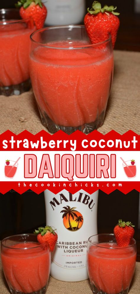 The perfect summer drink idea! It's an easy Memorial Day cocktail or 4th of July cocktail recipe with just 5 ingredients. Nothing hits the spot like this Strawberry Coconut Daiquiri. It's a refreshing frozen drink! Fruity Sweet Alcoholic Drinks, Blended Alcoholic Drinks Recipes, Alcohol Slushies Recipes Frozen Drinks, Easy Frozen Cocktail Recipes, Easy Summer Mixed Drinks Alcohol, Easy Frozen Drinks Alcohol, Easy Fruity Alcohol Drinks Simple Cocktail Recipes, Red Mixed Drinks Alcohol, Frozen Cocktails Recipes