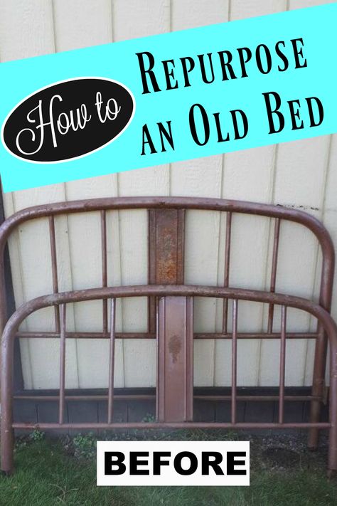 Bed Frame Crafts Projects, What To Do With Old Bed Frames, Diy Bed Frame Bench, Iron Bed Repurpose, Recycled Bed Frame Ideas, Bench Made From Bed Frame, Repurposed Iron Bed, Old Bed Headboard Ideas Projects, Repurposed Iron Bed Frame