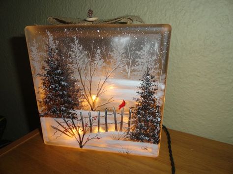 winter scene block...use picture of Pittsford Church (snow scene) to Block Painting Ideas, Painted Glass Blocks, Christmas Glass Blocks, Decorative Glass Blocks, Glass Block Ideas, Glass Block Crafts, Lighted Glass Blocks, Christmas Blocks, Block Painting