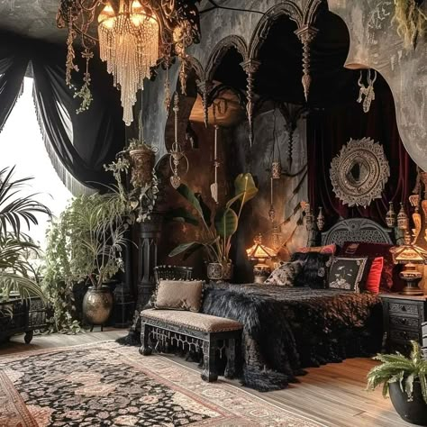 Black Boho Bedroom, Dark Cottagecore Bedroom, Cottagecore Bedroom Ideas, Witchy Bedroom, Cottagecore Bedroom, Victorian Manor, Dark Boho, Boho Bedroom Ideas, Dark Bedroom