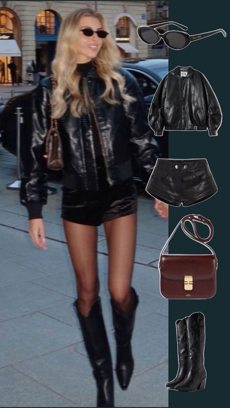 Leather micro shorts outfit. Black leather jacket outfit. Black cowgirl boots outfit. Cool girl outfit. Cowgirl Boots Outfit Fall, Micro Shorts Outfit, Black Cowgirl Boots Outfit, Black Leather Boots Outfit, Outfit Black Leather Jacket, Short Boots Outfit, Winter Shorts Outfits, Leather Shorts Outfit, Black Shorts Outfit