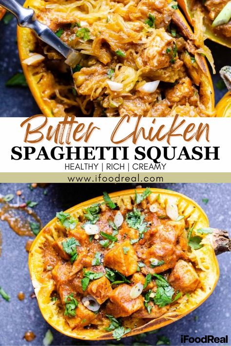 This Butter Chicken Spaghetti Squash is a healthy dish that combines delicious Indian flavors with tender spaghetti squash for a meal that everyone will love. It’s certainly a crowd pleaser and it’s really quite easy to make as well, so try it today and fall in love with the flavor! Rotisserie Chicken Spaghetti Squash, Curry Spaghetti Squash, Spaghetti Squash Slow Cooker Recipes, Bbq Chicken Spaghetti Squash, Spaghetti Squash High Protein, Spaghetti Squash Pasta Recipes, Spaghetti Squash Chicken Recipes, Chicken Spagetti Squash, Spaghetti Squash And Chicken Recipes