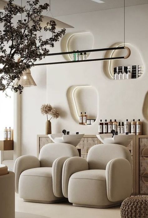 Luxury Salon Reception Area, One Stop Beauty Salon, Dubai Beauty Salon, Japandi Hair Salon, Luxury Hair Salon Design Interiors, Shampoo Bowl Ideas Salon, Luxury Beauty Salon Design, Beauty Center Design, Beauty Salon Design Ideas