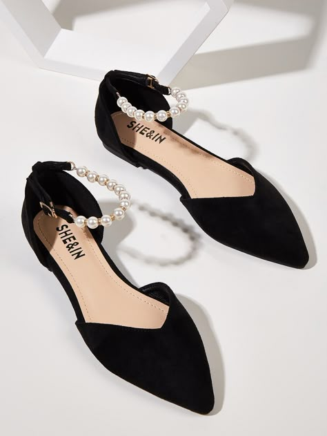 Faux Pearl Beaded Point Toe Ankle Strap Flats | SHEIN USA قلادات متدلية, Fancy Sandals, Indian Shoes, Strap Flats, Cute Shoes Heels, Shoes Heels Classy, Fashion Shoes Heels, Fashion Shoes Sandals, Shoes Outfit Fashion