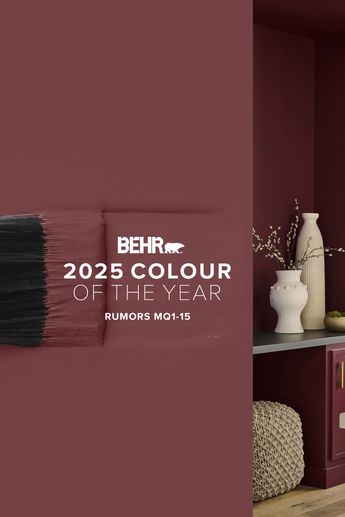 Create an engaging accent wall or colour drench your space with the bold elegance of our 2025 Colour of the Year, Rumors. Maroon Kitchen Walls, Behr Rumors, Burgundy Accent Wall Living Room, Behr 2025 Color Of The Year, Rumors Behr Paint, Behr Rumors Paint, Burgundy Accent Wall, Red Accent Wall Living Room, Best Burgundy Paint Color