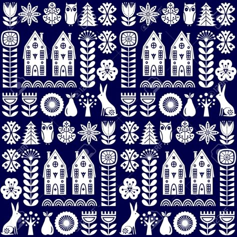 Scandinavian folk art seamless vector pattern with white flowers, trees, rabbit, owl, houses with decorative elements and rural scenery on blue background in simple style Stock Vector - 97588895 Modern Folk Art, Scandinavian Pattern, Folk Art Flowers, Folk Design, Scandinavian Folk Art, Scandinavian Art, Arte Popular, Christmas Illustration, Decorative Elements