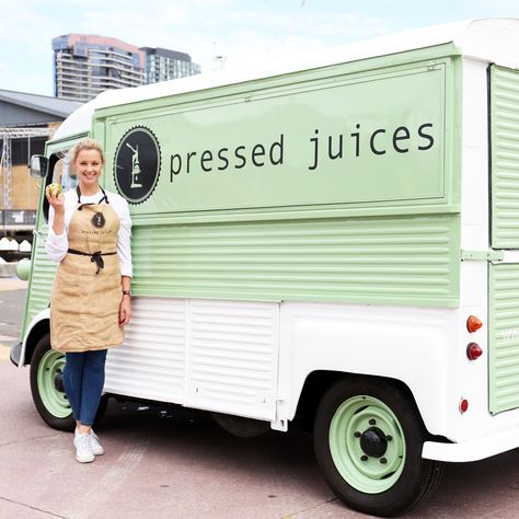 Our vintage F R E N C H cold pressed juice truck is looking like he is ready for his first stop, VAMFF // Hecta, the H - Van will be at the Virgin Australia Melbourne Fashion Festival at Central Pier, Docklands for the entire duration of VAMFF • Arrive a bit earlier to stop and grab a juice before you are dazzled by bright lights and the sweeping of fabric down the runway! H E C T A has what you need, he has cold Pressed Juices // It will Positively Change your night at @vamff Juice Cart Ideas, Juice Food Truck, Juice Truck Ideas, Juice Truck Design, Juice Cart, Juice Truck, Juice Business, Juice Bar Design, Virgin Australia