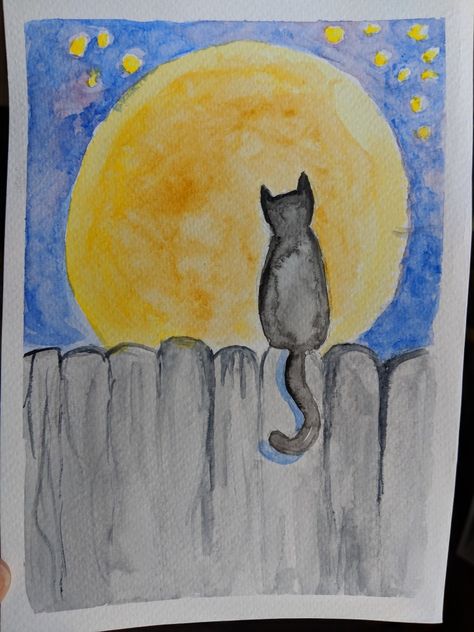 Looking At The Moon Drawing, Moon Easy Drawing, Simple Cat Drawing, Mini Toile, Wine And Canvas, Scene Drawing, Tiny Cats, Cat Sketch, Moon Illustration