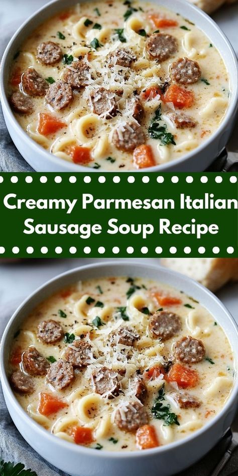 Craving a hearty bowl of comfort? This Creamy Parmesan Italian Sausage Soup is bursting with flavor and creamy goodness. Perfect for family dinners, it’s an easy soup recipe that everyone will love. Ditalini Soup, Comfort Soups, Spinach Parmesan, Sausage Parmesan, Beans Soup, Sausage Soup Recipes, Parmesan Soup, Dinner Ideas For Two, Dinner Ideas Recipes