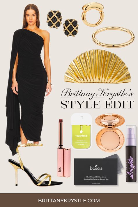 Check out the perfect black dress outfit for any formal occasion styled with gold accessories from Cult Gaia, Jenny Bird Jewelry & more, including everyday carry essentials for your clutch purse. Black Dress With Gold Accessories, Black Tie Optional Attire, Chic Black Wedding, Dress With Gold Accessories, Formal Event Jewelry, Black Tie Event Outfit, Black Wedding Guest Dress, Wedding Guest Dress Outfit, Black Wedding Guest