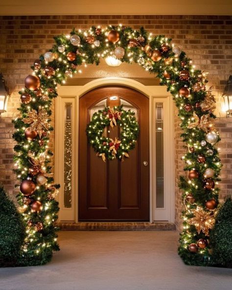 Door Arch Garland, Door Way Christmas Decorations, Door Frame Christmas Garland, Front Porch Arch Christmas Decor, Over Door Christmas Decorations, Garland Archway Christmas Outdoor, Decorate Archway For Christmas, Pool Noodle Christmas Door Garland, Ornament Wreath Pool Noodle