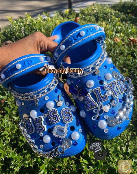 Crocs Customize Paint, Rhinestone Crocs Shoes Diy, Blue Custom Crocs, Bedazzled Crocs Shoes Black, Bling Crocs Shoes Blue, Customized Diamond Crocs Shoes, Crocs Custom, Slippers Diy, Bedazzled Things