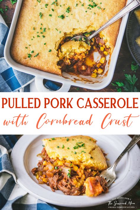 A zesty filling made with bbq pulled pork, peppers, onions, and corn is topped with a cheesy cornbread crust in this easy and delicious pulled pork casserole. Pair it with a crisp green salad, Southern-style green beans, a creamy cucumber dill salad, or crunchy, refreshing coleslaw. It's a great way to take advantage of leftover pulled pork or a container of store-bought shredded meat. Casserole With Cornbread Topping, Leftover Pulled Pork Casserole, Casserole With Cornbread, Pork Casserole Recipes, Pulled Pork Casserole, Cornbread Topping, Shredded Pork Recipes, Cornbread Crust, Pulled Pork Leftover Recipes