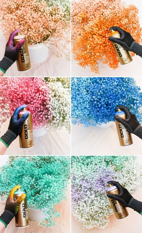 Spray Painted Baby Breath Centerpieces, Colorful Flower Party Decor, Flower Spray Paint, Spray Paint Dried Flowers, Spray Painting Flowers, Cool Backdrop Ideas, Floral Baby Shower Centerpieces, Colored Babies Breath, Colored Baby Breath