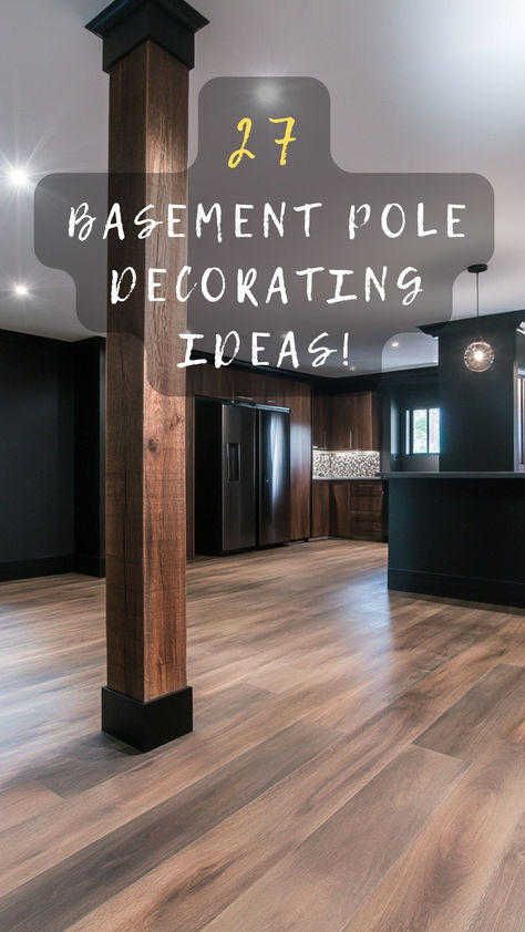 Tired of plain basement poles? Click to discover 27 innovative ideas to turn your basement poles into stylish decor elements. 🎨🏠 #BasementDecor #PoleDecorating #HomeStyle #CreativeInteriors #DecorIdeas Cover Support Poles In Basement, Basement With Wood Ceiling, Basement Poles Covers, Wrap Basement Pole, Wood Beams In Basement, Basement Stairs Lighting Ideas, Basement Remodel With Low Ceilings, Complete Basement Remodel, How To Cover Support Pole In Basement