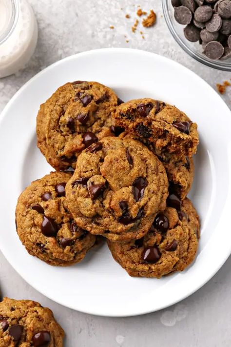 Dairy Free Pumpkin Chocolate Chip Cookies - Cook Nourish Bliss Cmpa Recipes, Dairy Free Cookie Recipes, Gluten Free Chocolate Chip Cookies Recipe, Dairy Free Cookie, Grain Free Chocolate Chip Cookies, Dairy Free Cookie Recipe, Dairy Free Dessert Recipes, Protein Chocolate Chip Cookies, Dairy Free Recipes Dessert