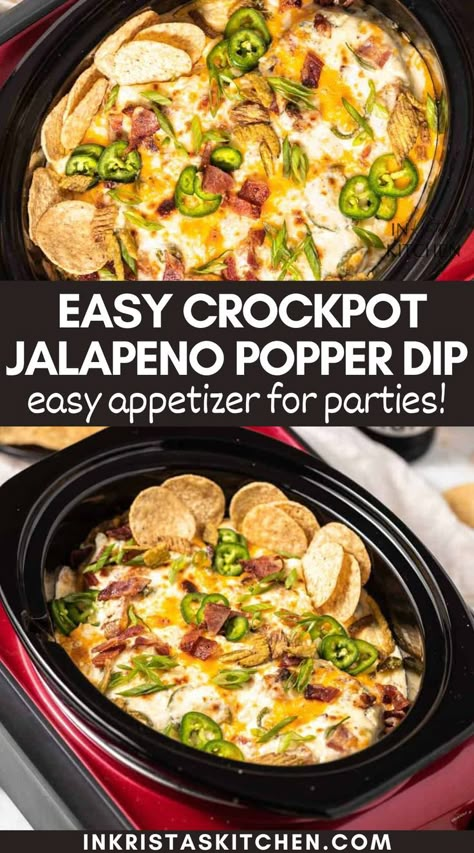 This Jalapeno Popper Dip Crockpot Recipe is the official dip of game day at my house! Creamy, garlicky cheese with bacon, green onions and loaded with jalapeno peppers for a spicy kick! This easy appetizer dip is the best party snack if you love spicy foods. It’s an easy recipe that works for everything from football tailgate and Super Bowl parties to Taco Tuesday and Cinco de Mayo! Take your chips and dip game to the next level with this easy Mexican appetizer recipe! #slowcookerappetizers Banana Pepper Dip Crockpot, Crockpot Gameday Food, Cinco De Mayo Party Food Crockpot, Crockpot Jalapeño Popper Dip, Jalopena Popper Dip Crockpot, Mexican Dip Crockpot, Gameday Appetizers Football Season, Jalapeno Popper Dip Crock Pot, Crockpot Jalapeno Popper Dip