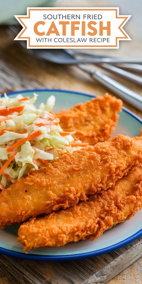 Crispy Southern fried catfish paired with creamy coleslaw. This classic recipe delivers bold flavors and a satisfying crunch in every bite. Crispy Catfish Recipes, Catfish Bites Recipes, Catfish Atchafalaya Recipe, Catfish Batter, Air Fried Catfish, Best Fried Fish Recipe, Fried Catfish Recipe, Fried Catfish Recipes, Southern Fried Catfish