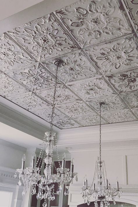 Farmhouse Ceiling Ideas, Painted Tin Ceiling Tiles, American Tin Ceiling, Metal Ceiling Tiles, Hawthorne House, Faux Tin Ceiling, Faux Tin Ceiling Tiles, Decorative Ceiling Tile, Tiles Ideas