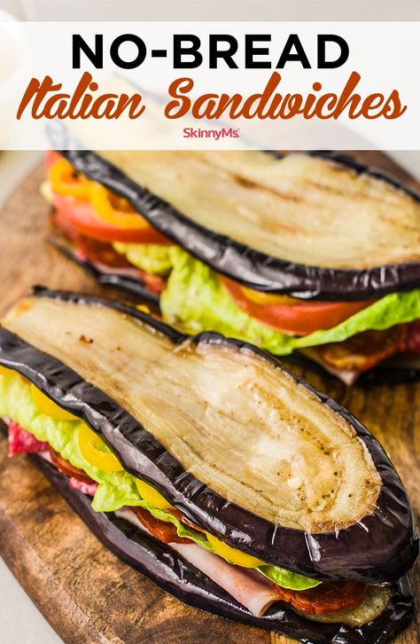 These eggplant slices are perfect for No-Bread Italian Sandwiches! They have a spongy texture like real bread, and they hold up well without falling apart. Simply put, they eat perfectly when filled with flat deli meats. It’s like a match made in heaven! #nobreadsandwiches #skinnyitaliansandwiches Sandwich Without Bread, Eggplant Bread, Bread Italian, Italian Sandwiches, Eggplant Sandwich, Bread Alternatives, Carb Alternatives, Real Bread, Deli Sandwiches