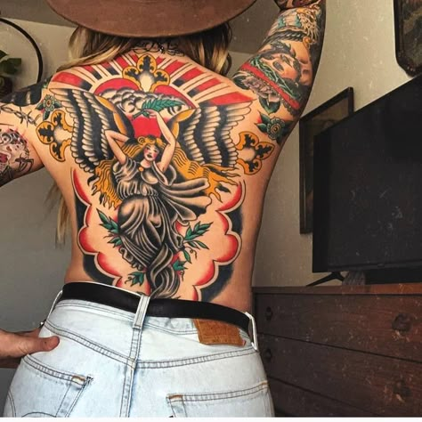 Women Traditional Back Tattoo, Large Scale Traditional Tattoo, Patchwork Vs Sleeve Tattoo, California Traditional Tattoo, Full Back Tattoo Women Color, Large Traditional Tattoo Back Pieces, Color Back Tattoo, Traditional Realism Tattoo, Women’s Traditional Back Tattoo