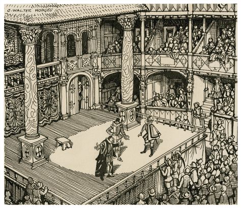 Music had been used to accompany poems during the medieval era. The Elizabethans taste for the Theatre was soon enhanced by the accompaniment of music. It was only a short step to combine the accustomed music with its accompanying verse with the exciting pageantry of the Elizabethan theatre. The importance of music to the Elizabethans was reflected in the plays of William Shakespeare who makes more than five hundred references to music in his plays and poems! Elizabethan Theatre Stage, Stage Drawing, Medieval Theatre, Theatre Drawing, Elizabethan Theatre, Theatre Audience, Troilus And Cressida, Theatre Pictures, Merchant Of Venice