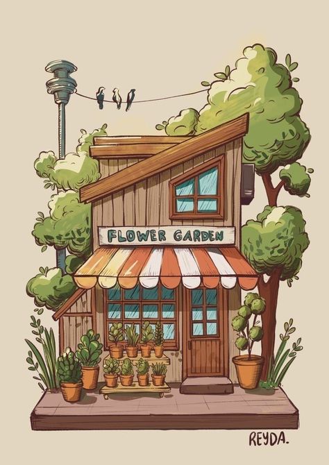 Cute Building Illustration, Sketch Color Drawings, Cute Shop Drawing, Cute Buildings Drawing, Drawing Set Up, Shopping Illustration Art, Beautiful House Drawing, Cartoon House Drawing, Shops Drawing