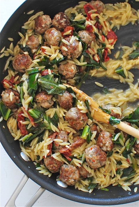 Orzo with Collard Greens, Sausage Meatballs and Sundried Tomatoes / Bev Cooks Meatballs And Orzo, Kale Recipe, Collard Greens Recipe, Sausage Meatballs, Pastas Recipes, Csa Recipes, Orzo Recipes, Sundried Tomatoes, Collard Greens