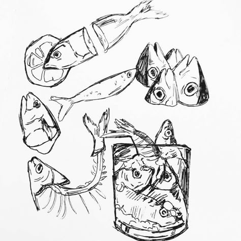 Creepy Fish Drawing, Fish Drawings Aesthetic, Ink Fish Drawing, Fish Head Illustration, Fish Sketch Drawing Simple, Cool Fish Drawings, Fish Bowl Sketch, Fish On A Plate Drawing, Tinned Fish Drawing