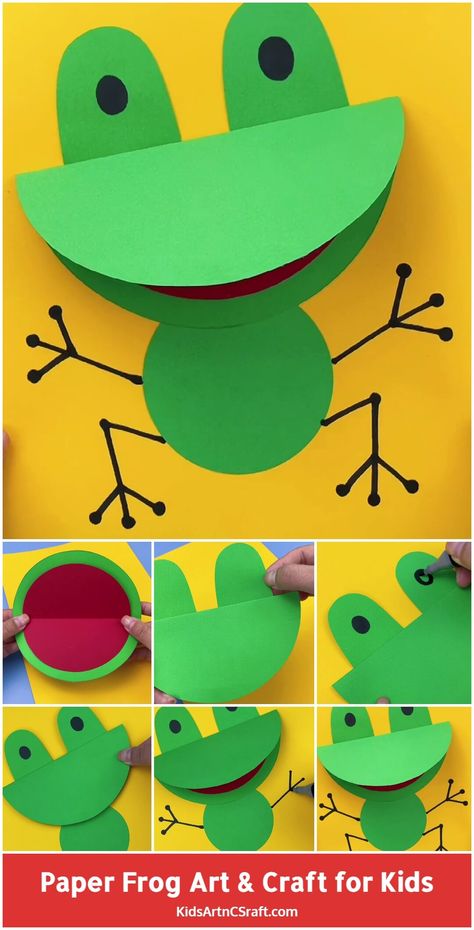 Paper Frog Craft for Kids – Step by Step Tutorial - Kids Art & Craft Cool Crafts For Preschoolers, Frog Art For Preschoolers, F For Frog Craft, Ant Art And Craft, Simple Frog Craft, Pre K Crafts Easy Spring, Quick Kindergarten Crafts, Reptiles And Amphibians Preschool Crafts, Art Craft For Kindergarten