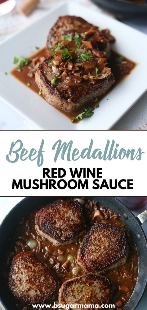 Perfectly-cooked beef medallions bathed in a rich red wine sauce. A simple recipe that makes a delicious dinner. #beef #beefdinner #dinner #cook Red Wine Mushroom Sauce, Christmas Eve Dinner Ideas, Beef Medallions, Beef Round Steak, Casseroles Recipes, Meat Entrees, Beef Tenderloin Recipes, Dinner Beef, Tenderloin Roast