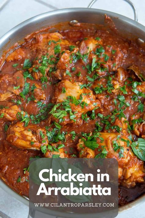 This Chicken in Arrabiata Sauce is made with bone-in chicken, onions, artichokes, Arrabiata sauce, and simmered into perfection. Arribita Sauce Recipe, Chicken Arrabiata Recipe, Creamy Arrabiata Sauce, Chicken Arrabiata, Mediterranean Chicken Artichoke Recipes, Chicken Artichoke Tomato Recipes, Arrabiata Sauce, Cilantro Parsley, Dinner Recipes Healthy Family