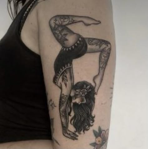 Traditional Acrobat Tattoo, Tattooed Lady Tattoo, Acrobat Tattoo, Traditional Yoga Tattoo, Pin Up Girl Tattoos, Traditional Tattoo Girls, Ballet Tattoos, Traditional Tattoo Black And Grey, Pixie Tattoo