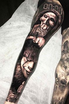 Horror Movie Leg Sleeve, Jigsaw Tattoo, Dracula Tattoo, Horror Sleeve, Photo Realism Tattoo, Valkyrie Tattoo, Tattoo Sleeve Filler, Horror Fanart, Lower Leg Tattoos