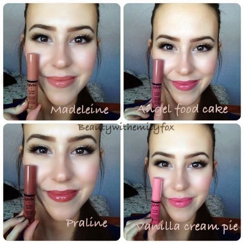 Praline Nyx Butter Gloss, Nyx Butter Gloss Madeleine, Nyx Angel Food Cake, Praline Butter Gloss, Nyx Praline, Nyx Butter Gloss Praline, Nyx Swatches, Nyx Lip Gloss, Matte Make Up