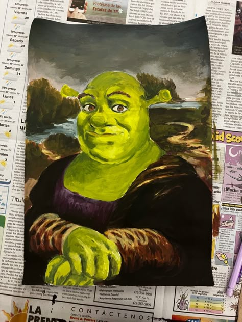 Shrek Mona Lisa, Shrek Paintings Canvas Easy, Shrek Drawing Funny, Shrek Canvas Painting, How To Draw Shrek, Big Sketchbook Ideas, Shrek Sketch, Shrek Crafts, Mona Lisa Sketch