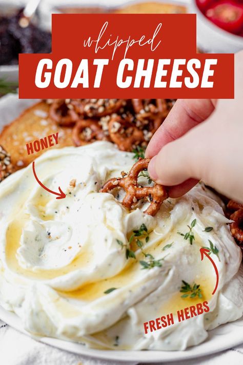 Goat Cheese For Charcuterie, Whipped Goat Cheese Spread Honey, Whipped Feta And Goat Cheese, Whipped Goat Cheese Appetizer, Cheese Dip For Soft Pretzels, Whipped Goat Cheese Dip, Dinner For 8, Goat Cheese Bites, Honey Scoop