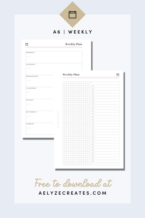 Free printable Planner Inserts - A6 - Weekly A6 Planner Printables Free, A6 Printables Free, Free A6 Planner Printables, A6 Planner Inserts Free Printables, Planner Inserts Printable Free, Planner Pdf Free, Free Printable Weekly Planner Template, Weekly Task List, Free Planner Inserts