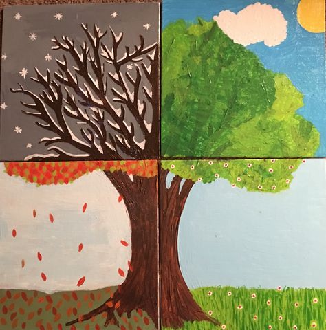 4 Seasons Art Project, Four Seasons Tree Drawing, Tree Seasons Craft, 4 Seasons Art For Kids, Four Seasons Tree Painting, Seasons Tree Art, Four Seasons Tree Craft, Trees Art Drawing, Four Season Tree