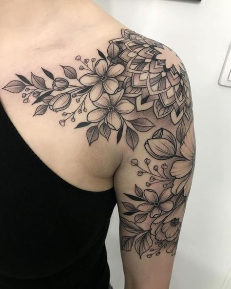 Wildflower And Mandala Tattoo, Mandala Floral Shoulder Tattoo, Mandala And Flower Sleeve, Floral Tattoo Design Shoulder Sleeve, Shoulder Cap Mandala Tattoos For Women, Mandela Shoulder Tattoos For Women, Mandala Flower Sleeve Tattoo, Both Arms Tattoo Sleeve, Humming Bird Floral Tattoo