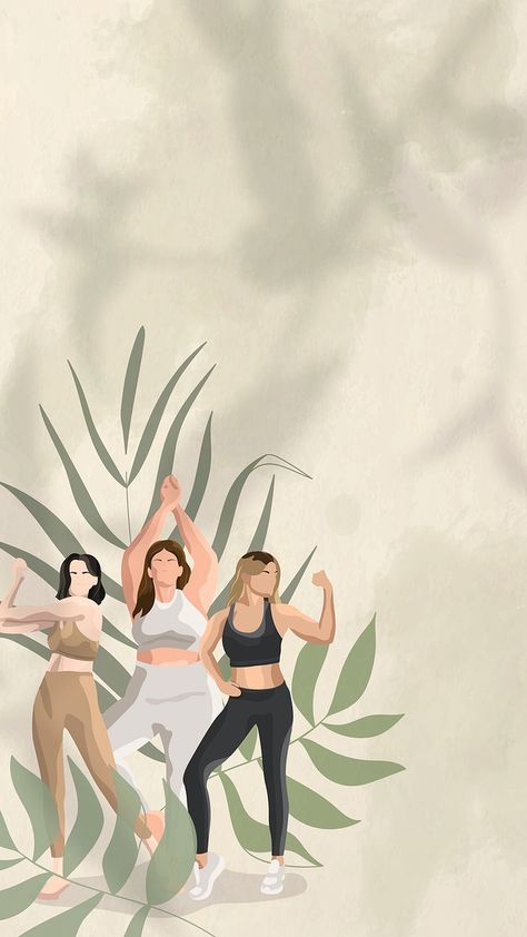 Health and wellness vector wallpaper green with women flexing illustration | free image by rawpixel.com / Aew Pe Background Design, Physical Education Background Design, Stretching Illustration, Women Flexing, Earth Tones Wallpaper Iphone, Wellness Images, Women Stretching, Fitness Printables, Yoga Illustrations